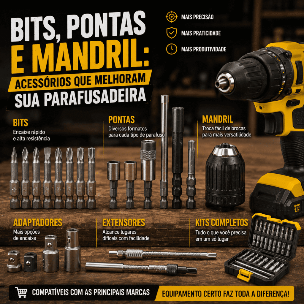 Bits, pontas e mandril: acessórios que melhoram sua parafusadeira